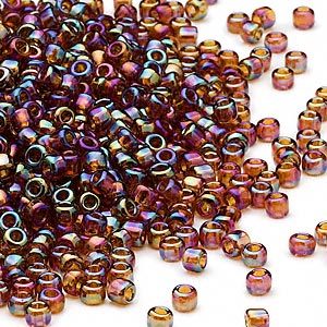 #8 Seed Bead - Transparent Amber, rainbow-finish