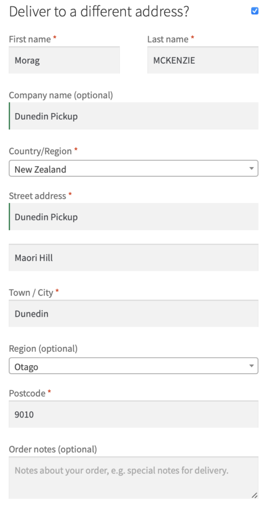 Delivery address for Dunedin order collection when you don't live in Dunedin.